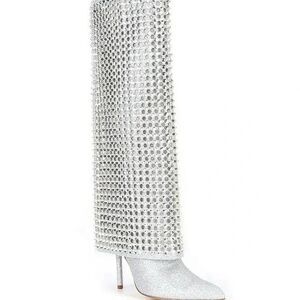 Gianni Bini Lowry Crystal Rhinestone Glitter Stiletto Foldover Pointy Boots 8